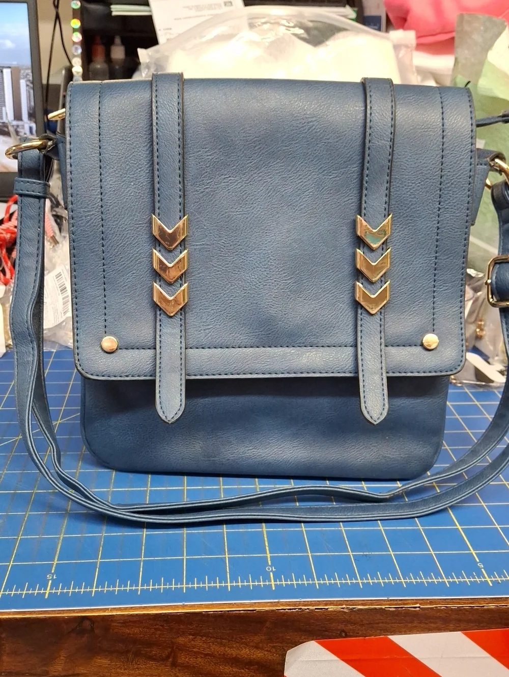 Blue Crossbody Shoulder Bag Multi Pockets Gold Hardware Preloved 10x1x1